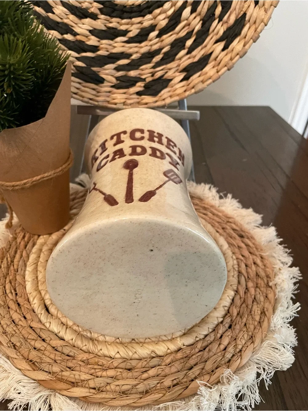 Vintage Cream Ceramic Kitchen Caddy with Brown Lettering